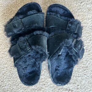 Birkenstock Arizona Genuine Shearling Lined Slide Sandal (Women)-Black US 5-5.5